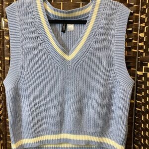 H&M Light Blue V-Neck Knit Sweater Vest with Yellow Trim